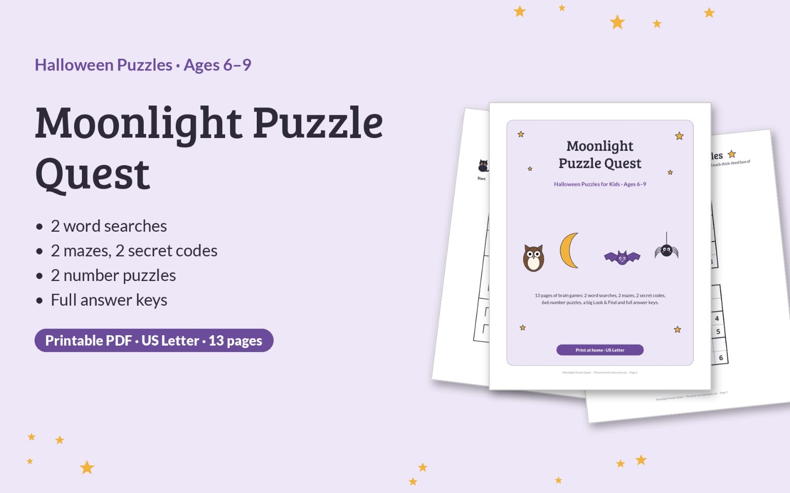 Halloween puzzle quest printable PDF with playful cat, bat, moon, spider icons on purple pages for kids ages 6-9