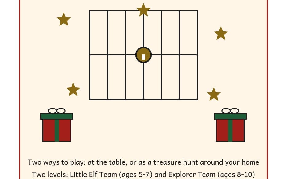 Printable Christmas family escape room and treasure hunt worksheet with snowy gate grid and gift icons for kids ages