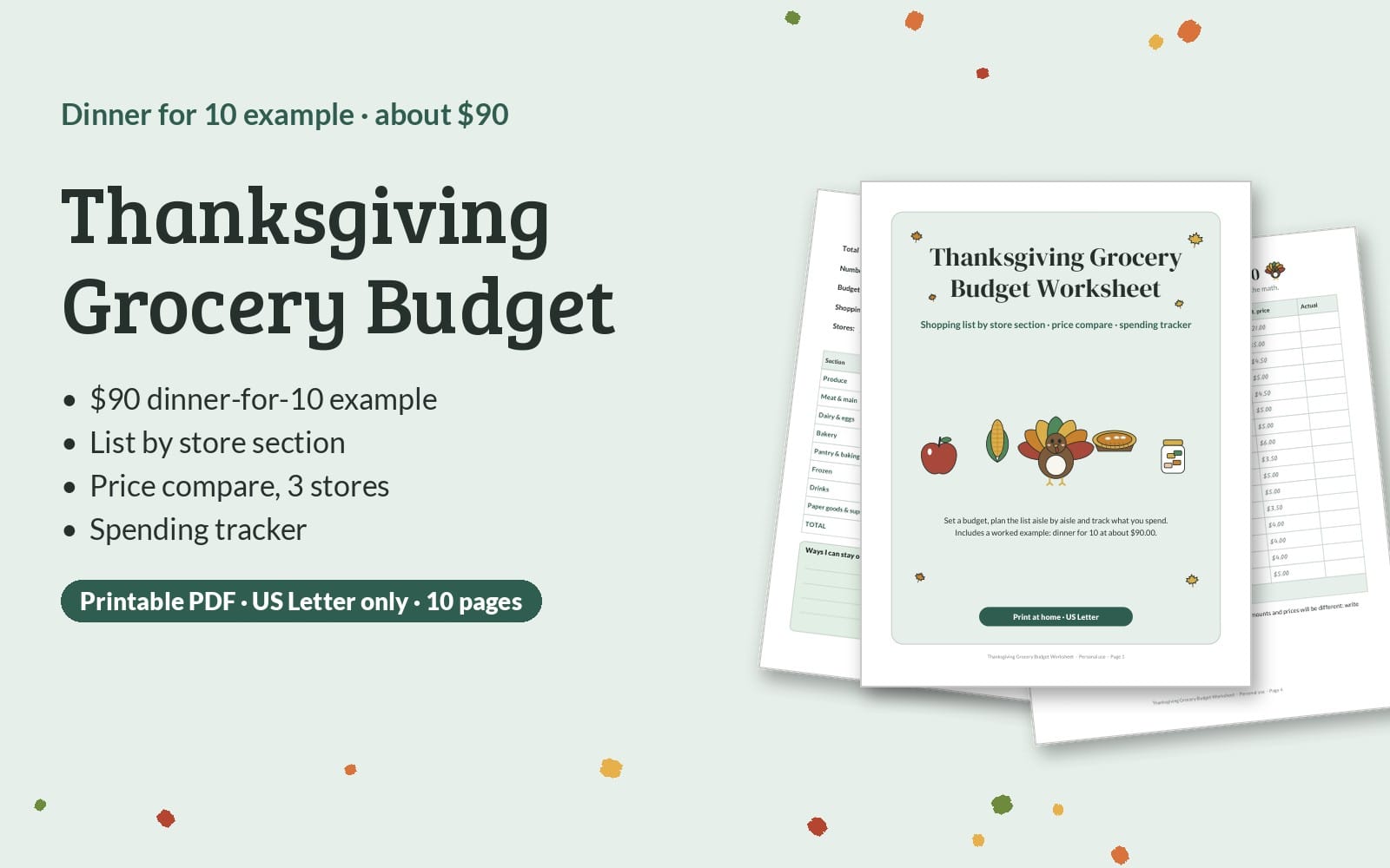 Thanksgiving Grocery Budget Worksheet printable PDF with $90 dinner-for-10 example and shopping list by store section