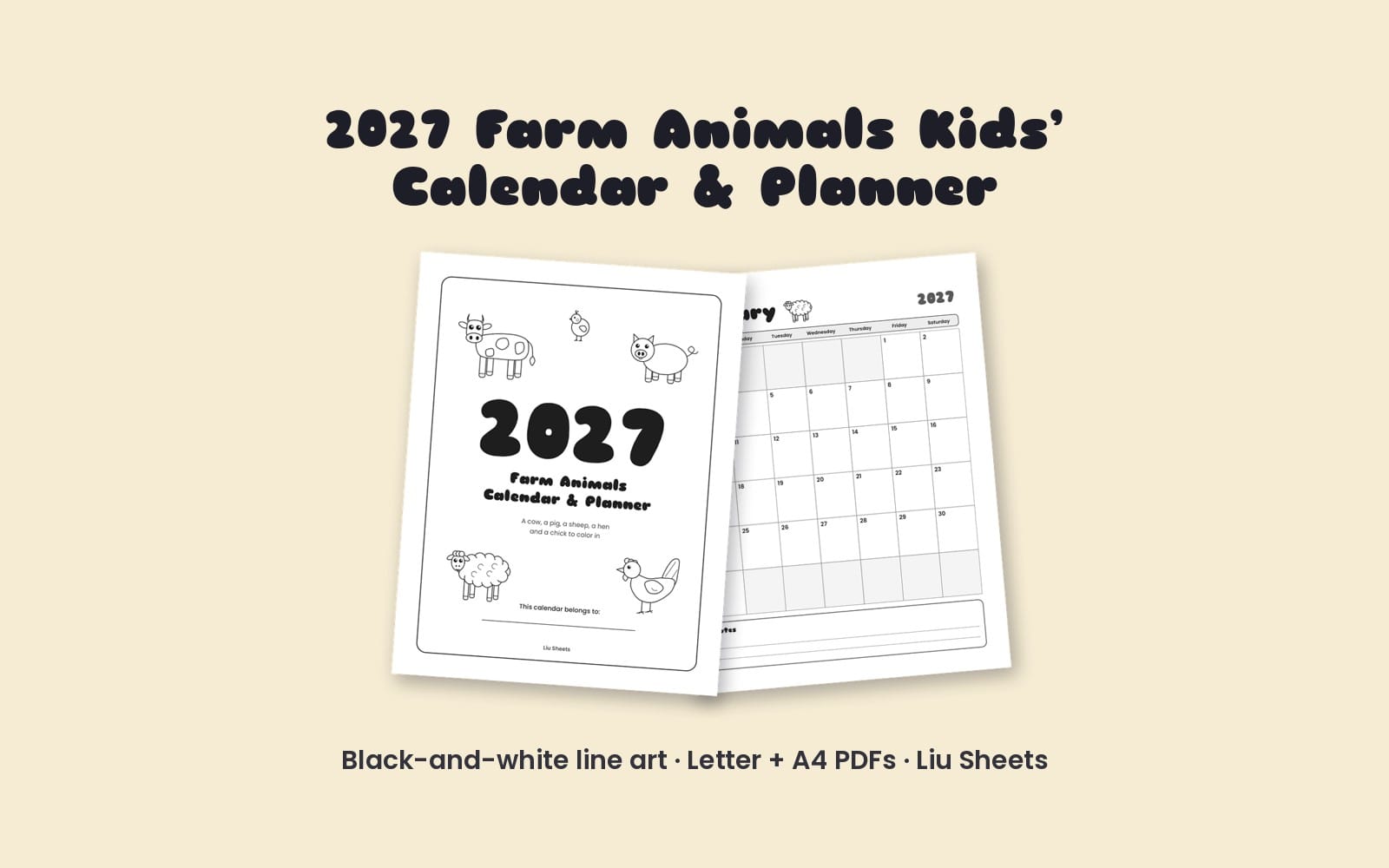 Printable 2027 kids farm animals calendar planner PDF pages with Sunday-start monthly grid and doodles for coloring