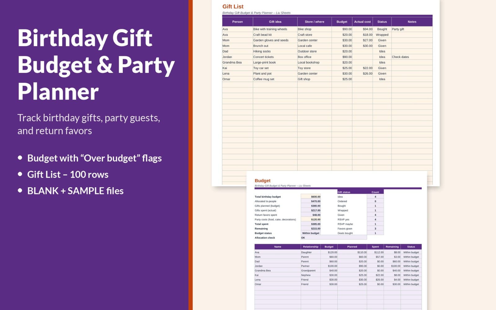 Birthday gift budget and party planner spreadsheet with gift list table and budget summary in an Excel workbook preview