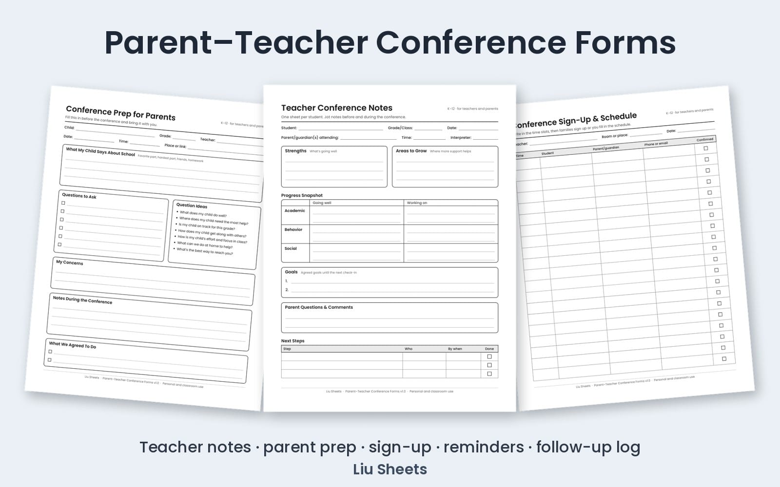 Set of printable parent–teacher conference forms for teachers, with teacher notes, parent prep, schedule, reminders and