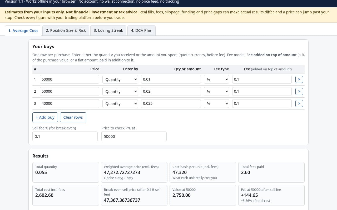 An offline crypto position size and average cost calculator web form with input tables and results fields