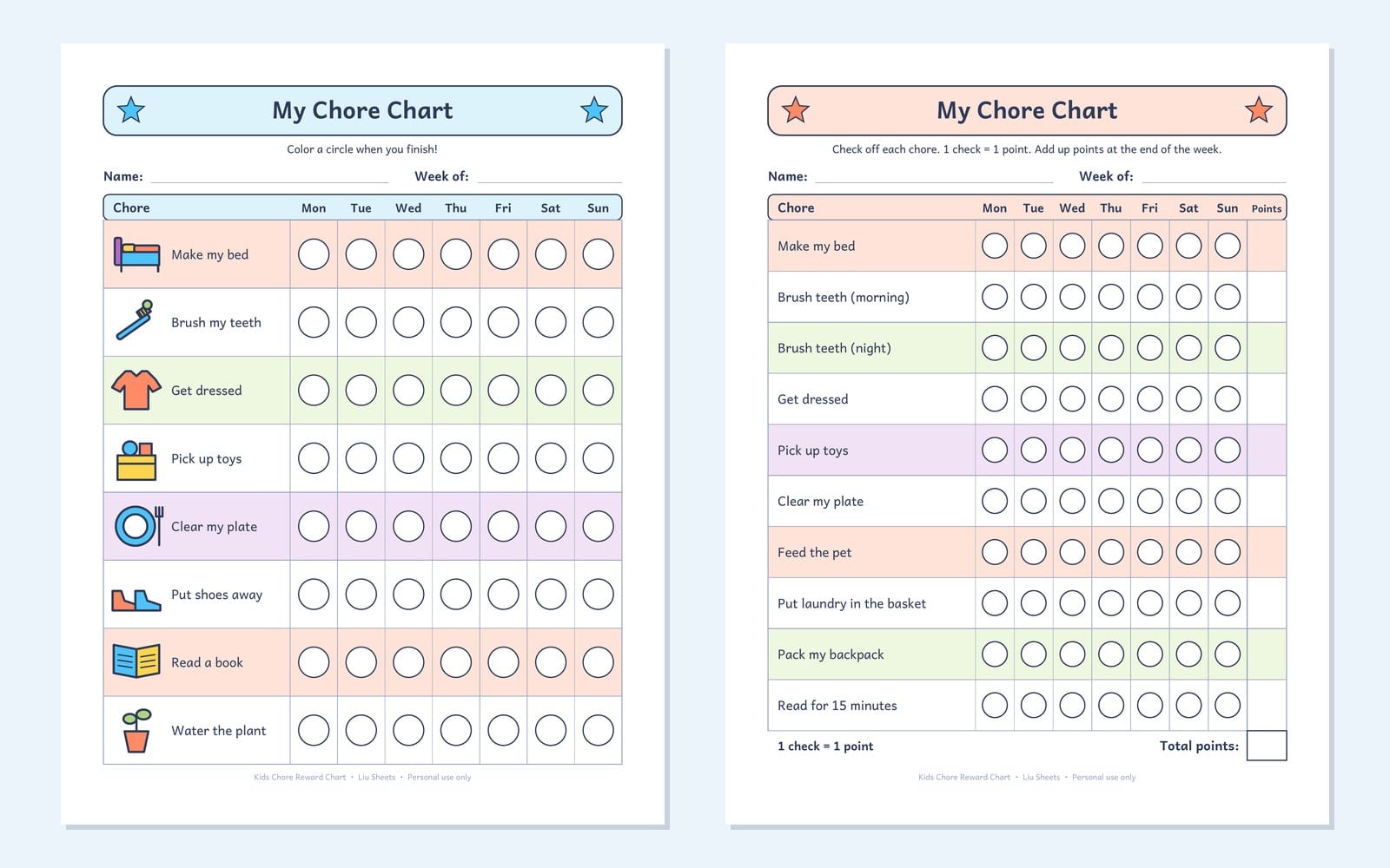 Printable kids chore reward charts with picture and word checkboxes for a weekly sticker tracker