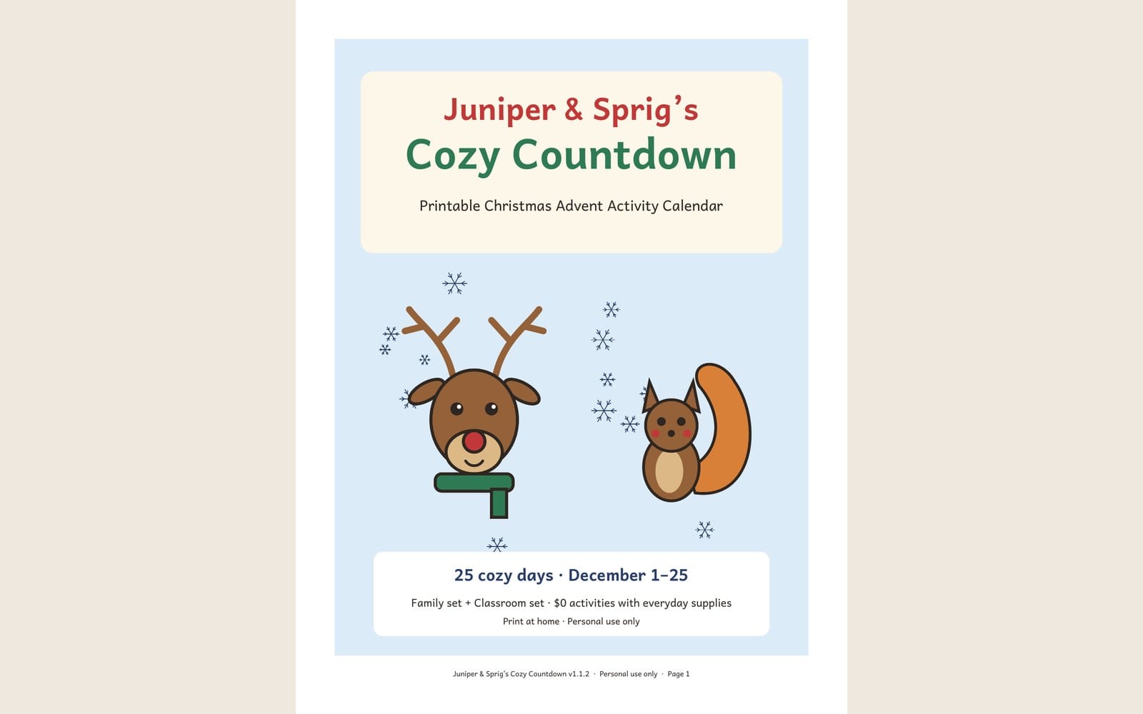 Printable Christmas advent activity calendar cover with cute reindeer and squirrel characters on a blue background