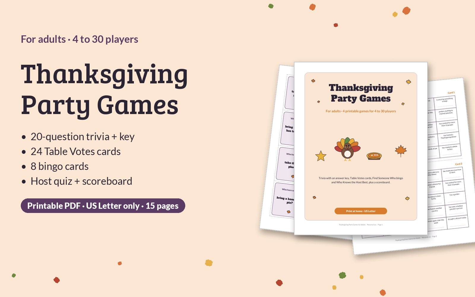 Thanksgiving Party Games printable PDF for adults with trivia and bingo materials and answer key pages