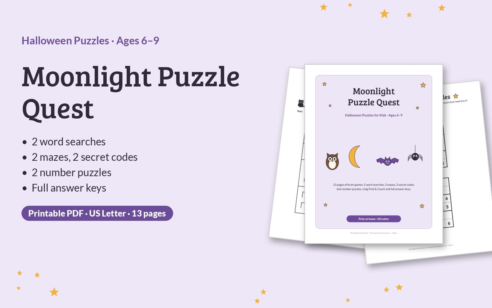 Moonlight Puzzle Quest Halloween kids puzzle printable PDF cover with word search, mazes, secret codes, and number games