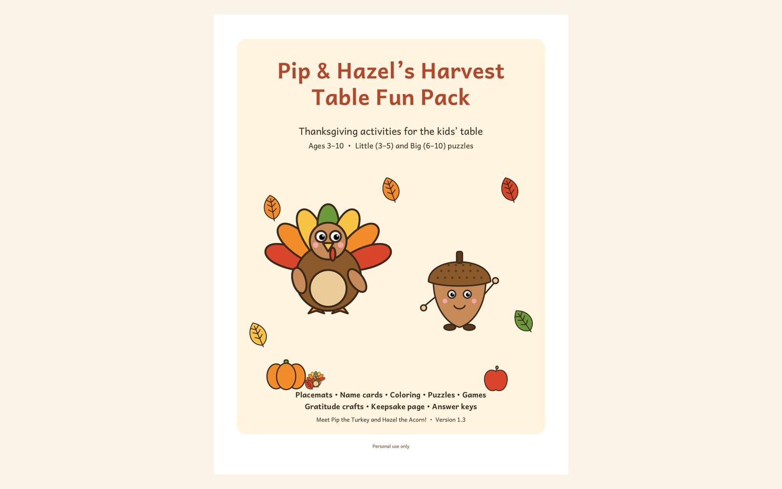 Thanksgiving kids activity pack cover with cartoon turkey and acorn characters and list of games and puzzles for ages