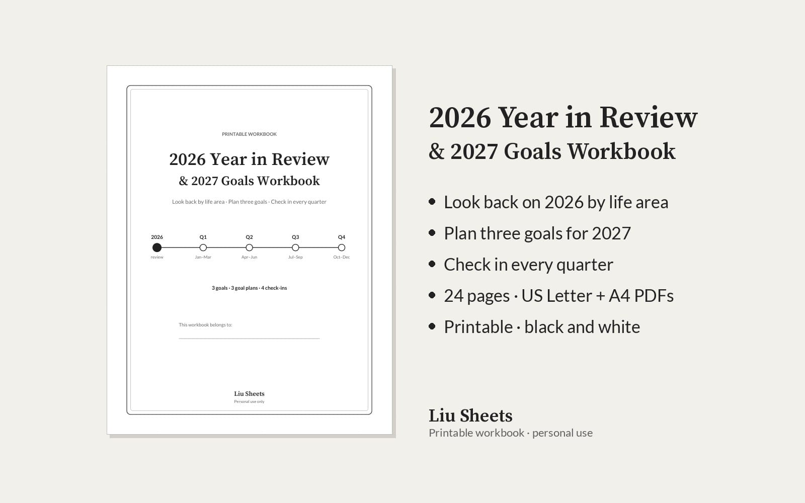 Printable goal planner workbook cover for 2026 year-in-review and 2027 goals with quarterly check-in timeline