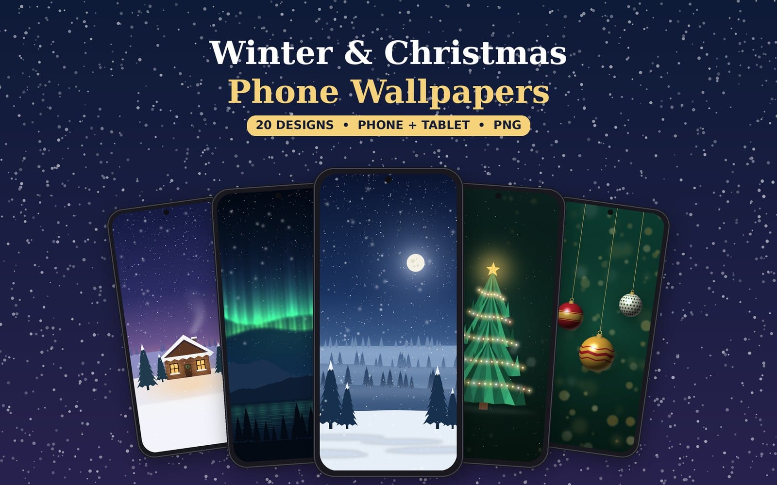 Winter & Christmas Phone Wallpapers – 20 Designs, Phone + Tablet PNG Lock Screen Backgrounds, Cozy Holiday Aesthetic