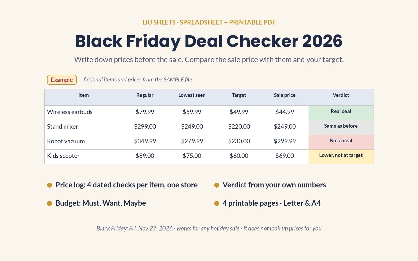Black Friday Deal Checker 2026 spreadsheet preview with sample table columns and verdict for items, letter and A4