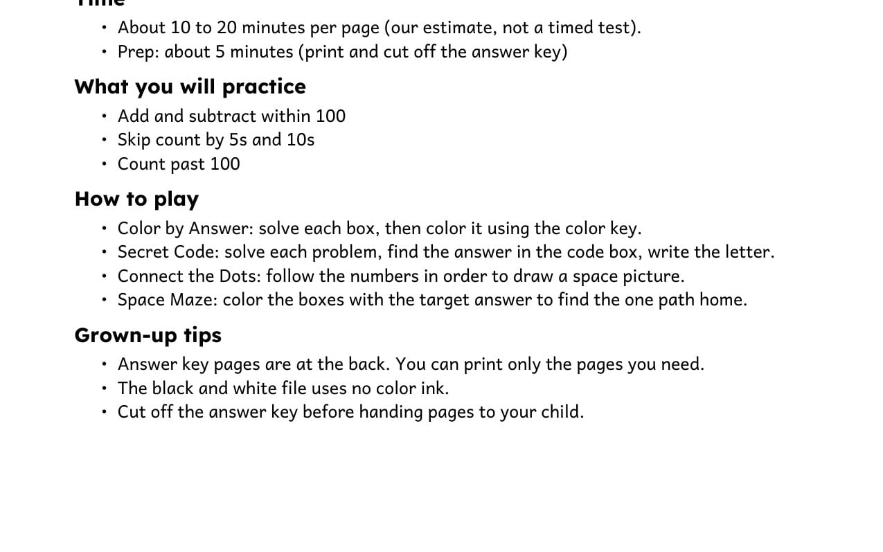 Space Math Fun grade 2 activity instructions for adding, subtracting, and space-themed puzzles
