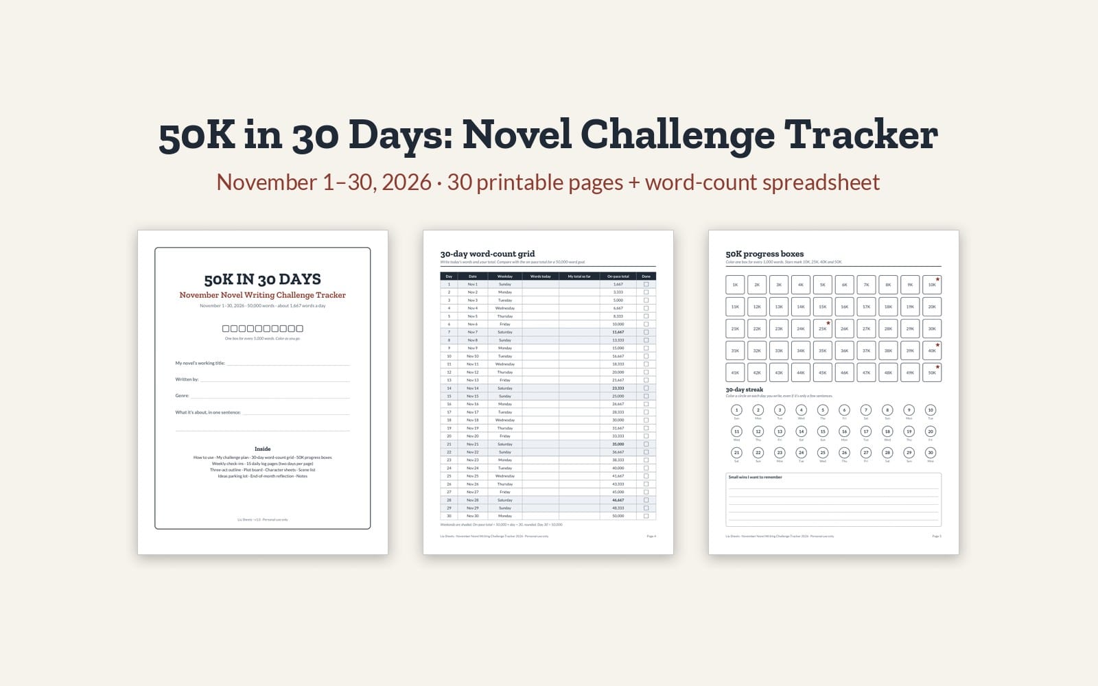 Printable 50K in 30 Days novel writing challenge tracker pages with word-count grid and progress boxes PDF plus Excel