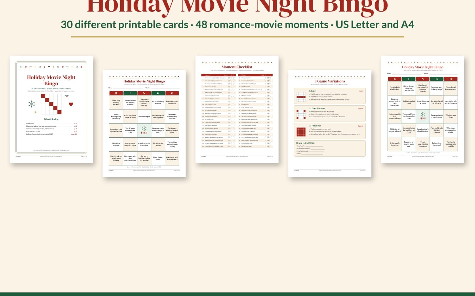Printable Holiday Movie Night Bingo set showing multiple romance-movie bingo cards with checklist and score tracker