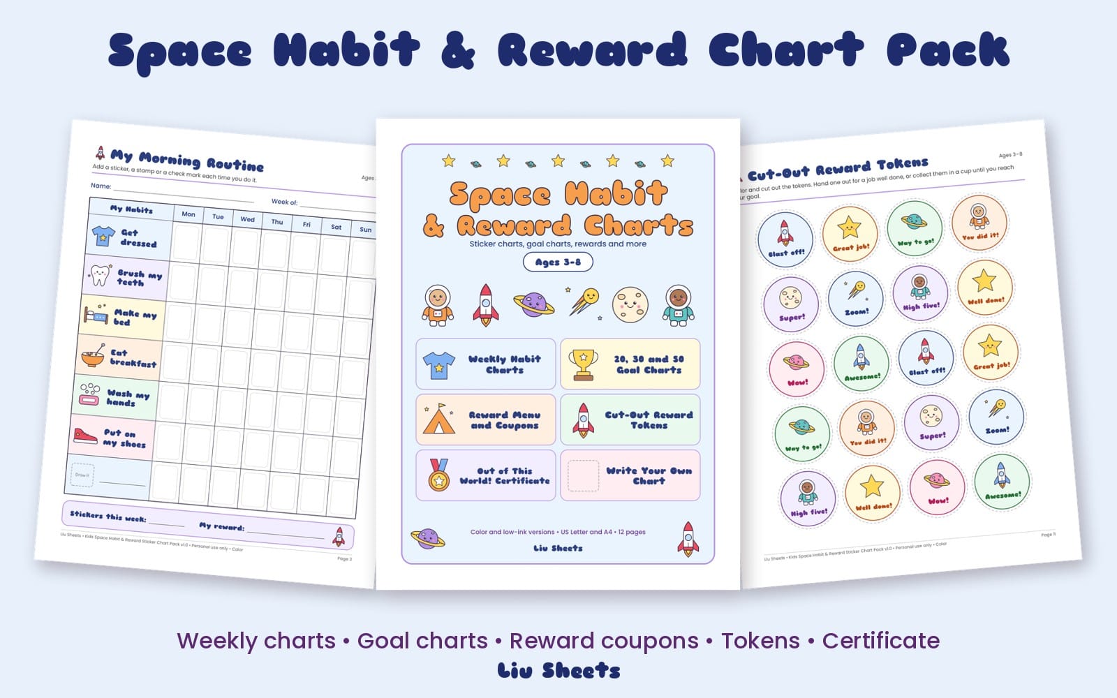 Printable space-themed kids habit and reward chart pack with weekly routine page and sticker reward tokens sheet