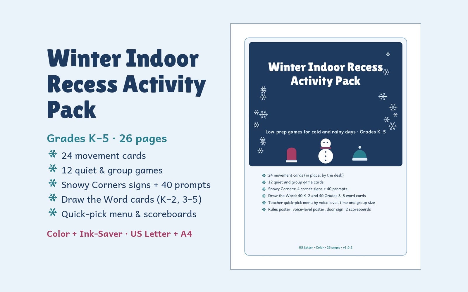 Winter Indoor Recess Activity Pack, Grades K–5 – Movement Cards, Snowy Corners Signs, Draw-the-Word Cards, Scoreboards