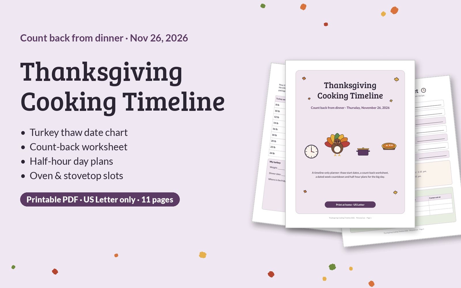 Thanksgiving Cooking Timeline Planner PDF cover with count-back schedule, turkey thaw chart and oven schedule pages