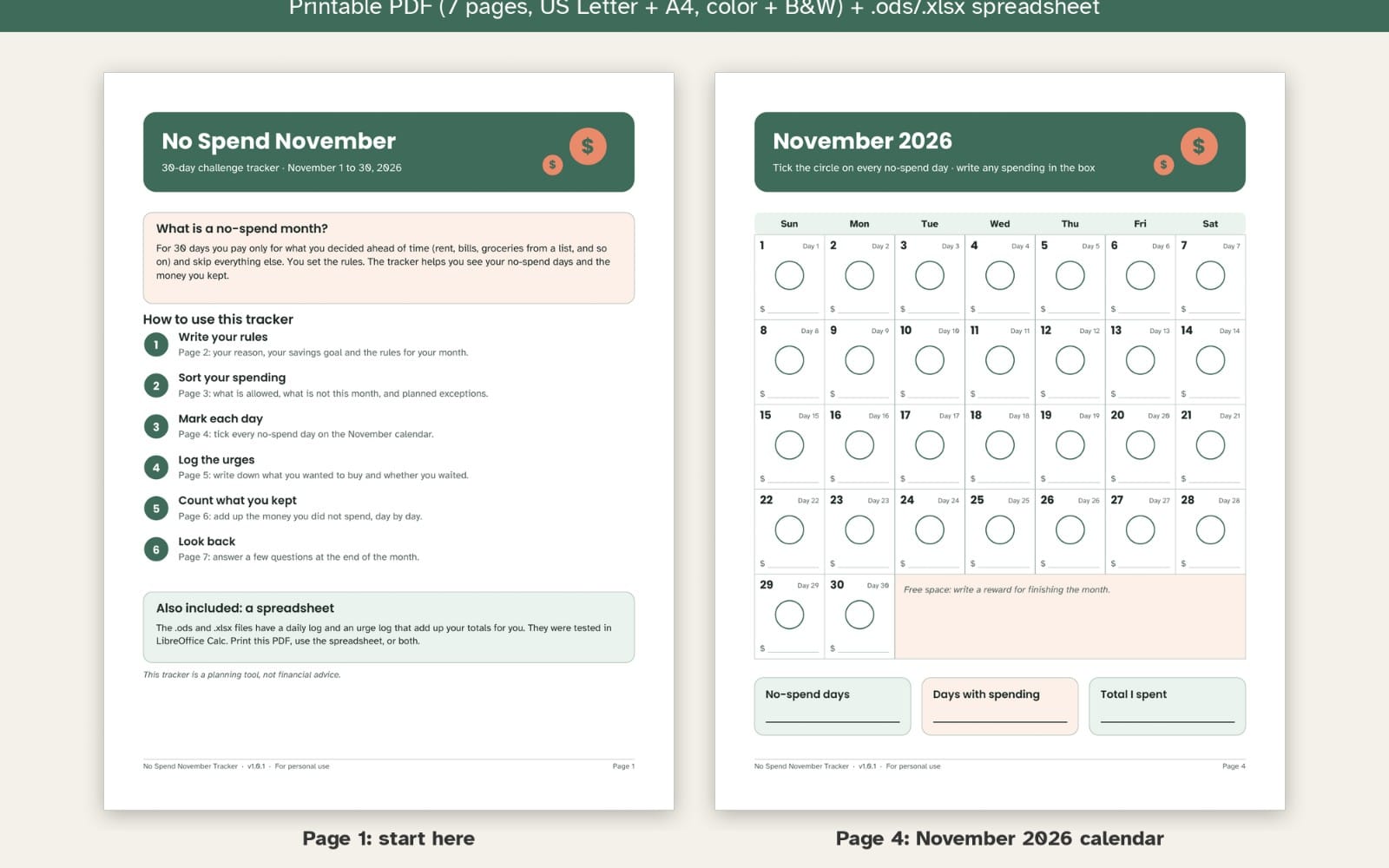 Printable No Spend November 2026 tracker PDF pages with a 30-day calendar and tracker instructions plus spreadsheet