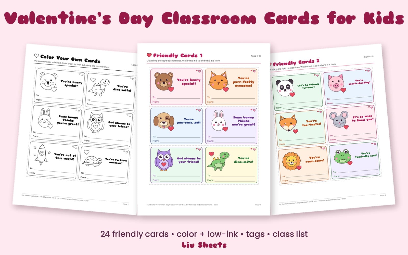 Printable Valentine’s Day classroom friendship cards set with colorful animal designs and fill-in lines for kids