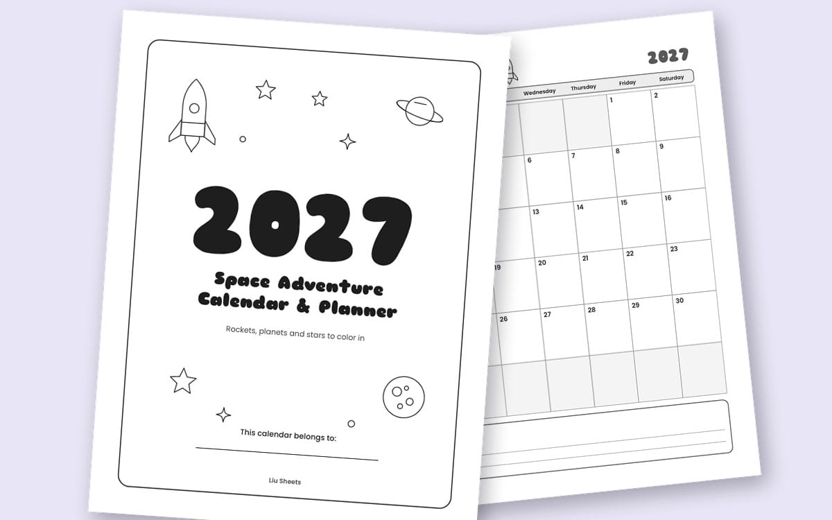 2027 kids space-themed printable calendar and planner with doodle rockets planets stars and A4 layout