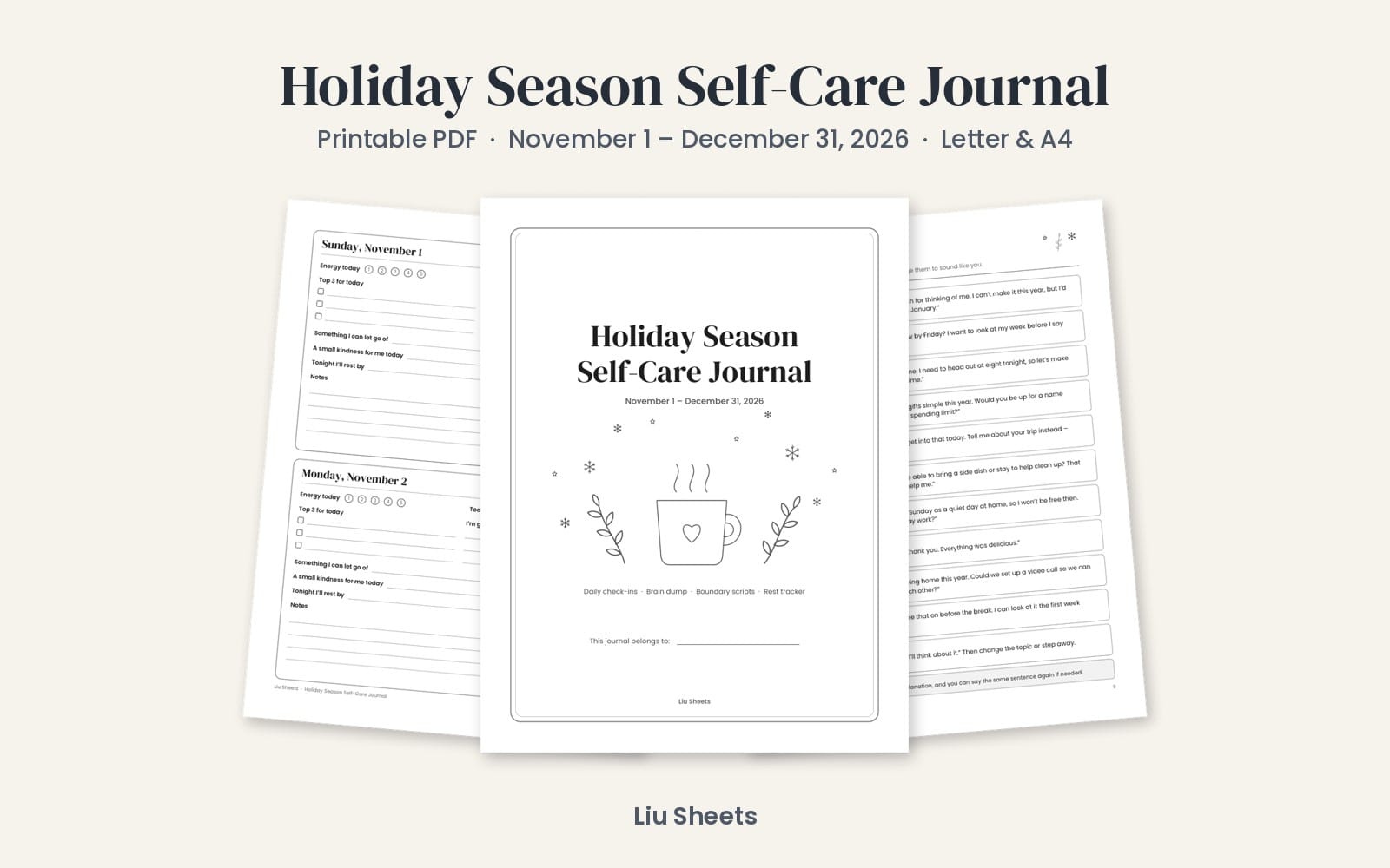 Printable holiday season self-care journal PDF pages with daily check-in and brain dump layouts for Nov–Dec 2026