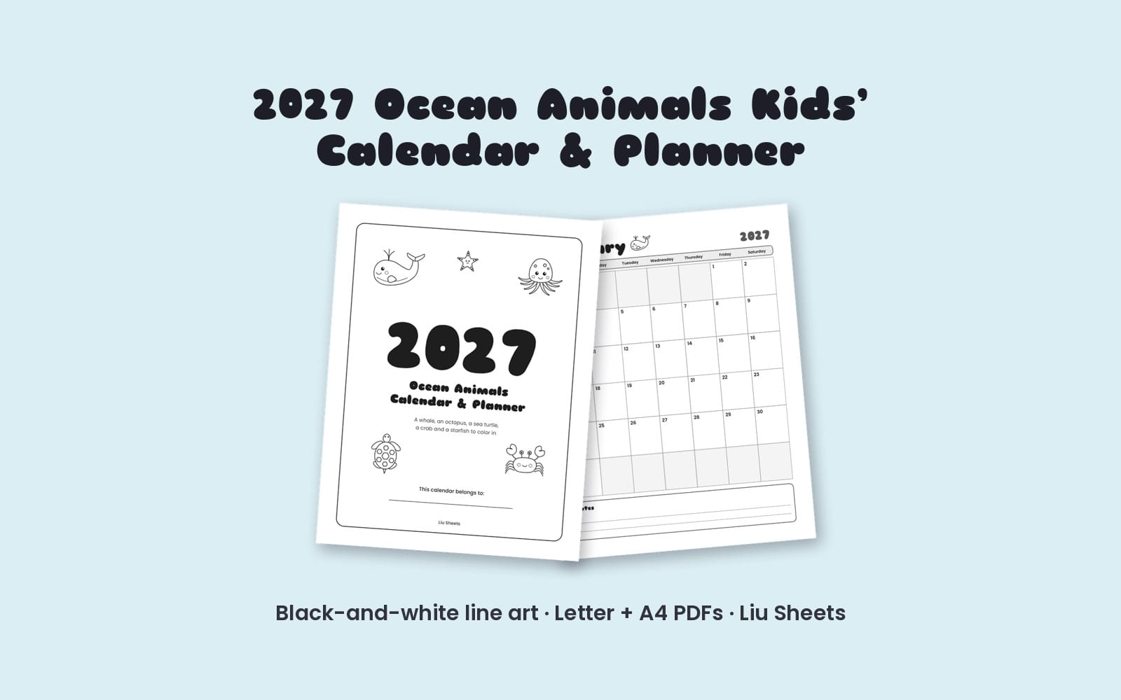 2027 printable ocean animals kids calendar planner PDF with black-and-white monthly grid pages and title page on A4