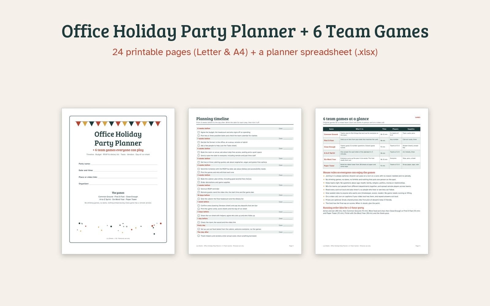 Printable office holiday party planner sheet with timeline, RSVP and dietary list plus 6 team games overview pages