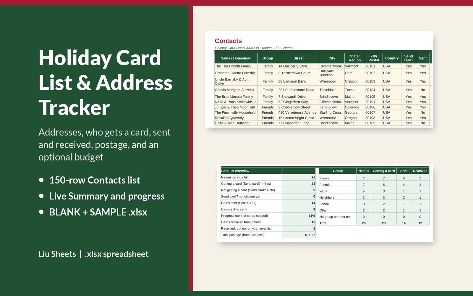 Christmas holiday card list and address tracker Excel spreadsheet showing contacts and mailing progress tables