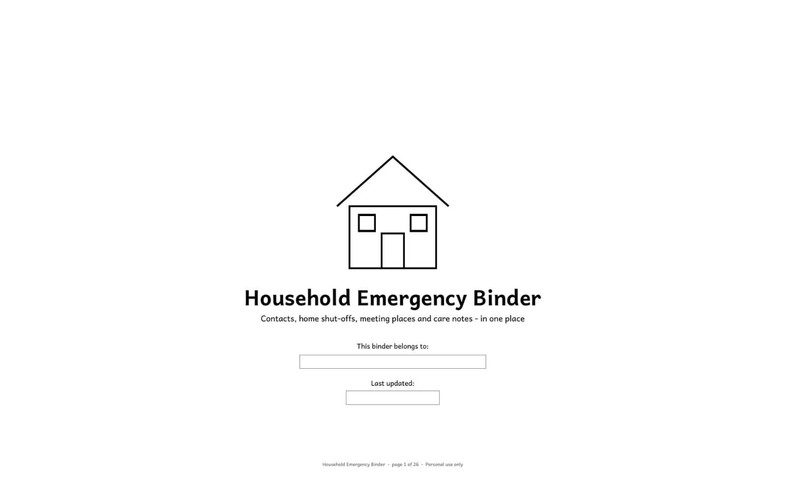Minimal cover page layout for a Household Emergency Binder fillable and printable PDF family organizer