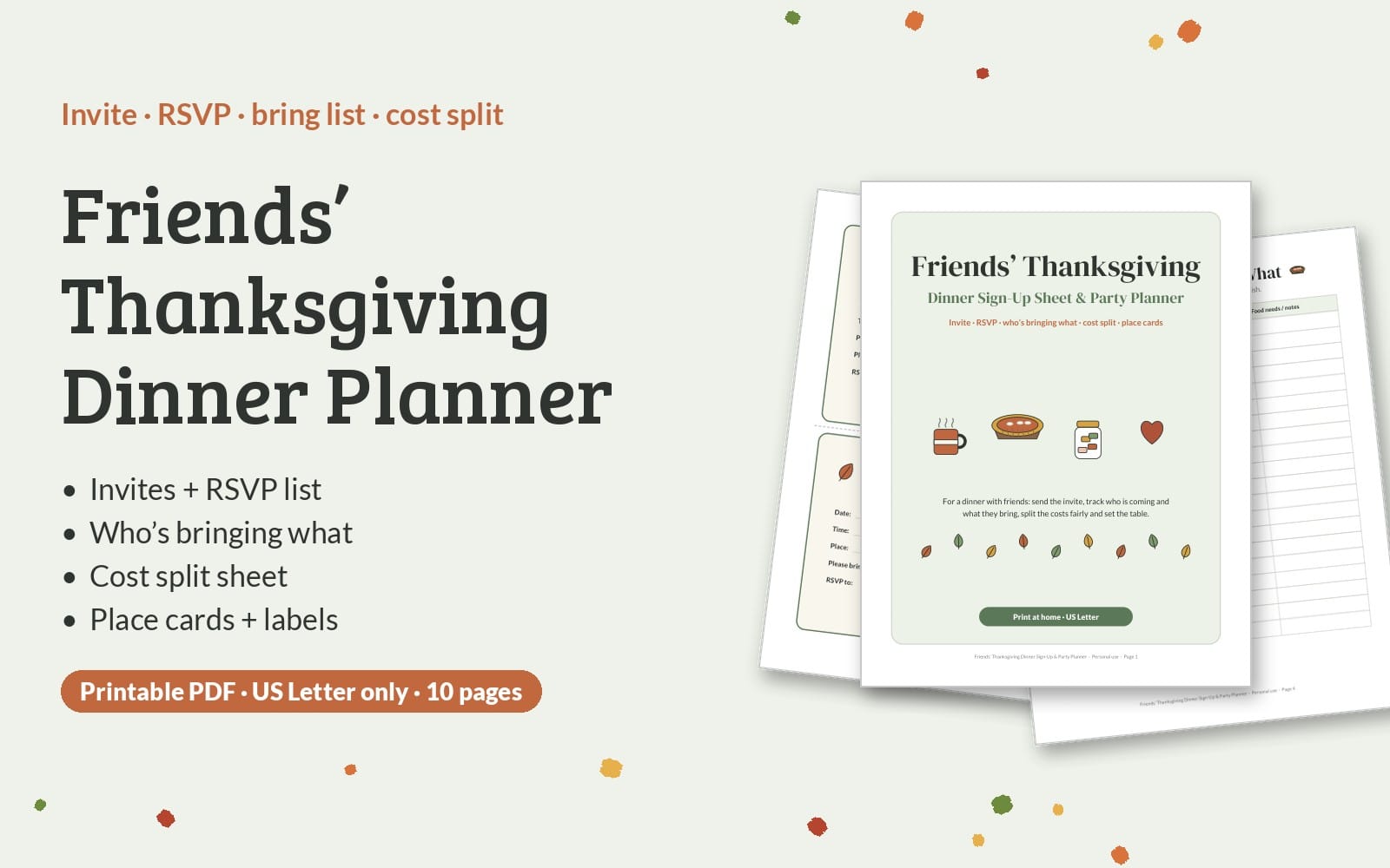 Printable Friends’ Thanksgiving dinner sign-up sheet and party planner with RSVP cost split and place card sections