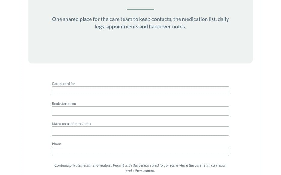Fillable US Letter elder care and medication record book PDF form with blank contact and care fields