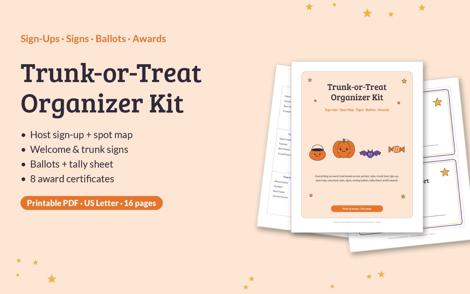 Printable Trunk-or-Treat organizer kit with host sign-up, spot map, ballots, tally sheet, and trunk signs pages