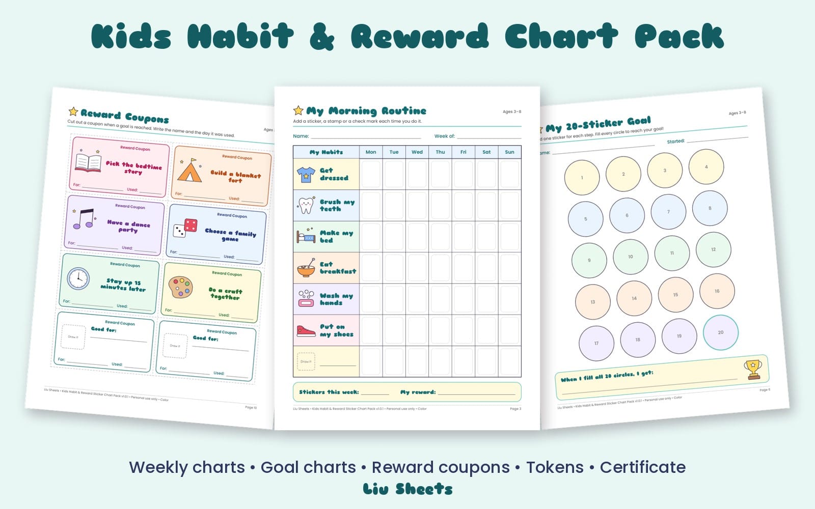 Printable kids reward chart pack with weekly habit grid, goal stickers circles, and reward coupons sheets for ages 3–8