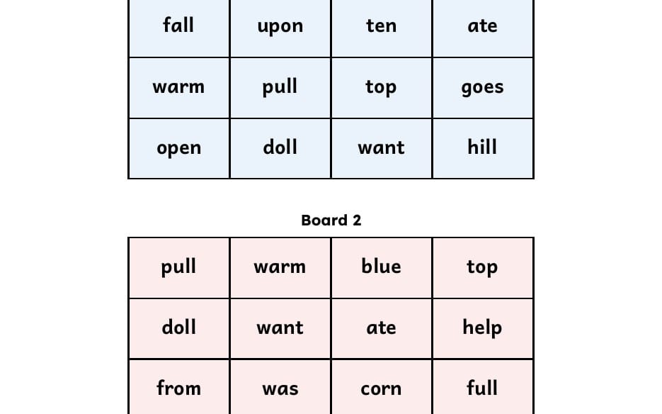 Printable sight word practice bingo-style grid with highlighted Level 2 words on two boards for kids worksheet PDF