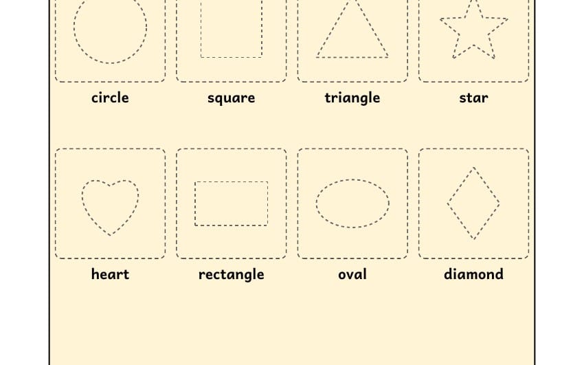 Printable busy day quiet book page with outline shapes labeled circle, square, triangle, star, heart, rectangle, oval