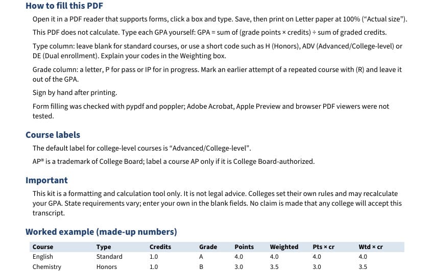 Homeschool high school transcript and GPA calculator spreadsheet and fillable PDF instructions displayed on a webpage