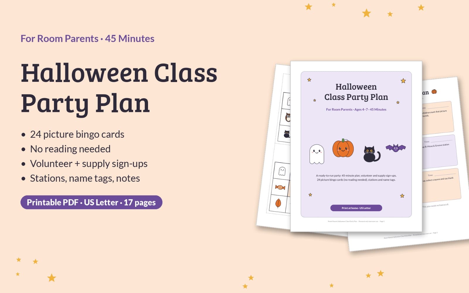 Printable Halloween class party plan PDF cover with 24 picture bingo cards and volunteer supply sign-up pages