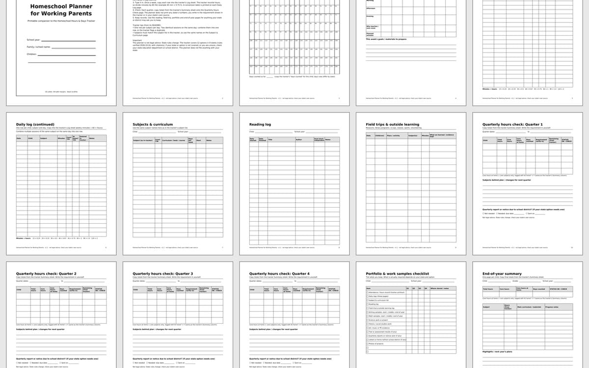 Printable homeschool planner and worksheet bundle with hours tracker, logs, reading and curriculum pages displayed in