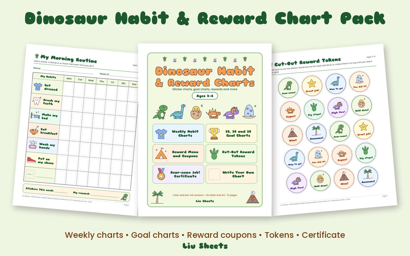 Printable dinosaur habit and reward chart pack for kids with weekly routine pages, stickers, tokens, and certificate