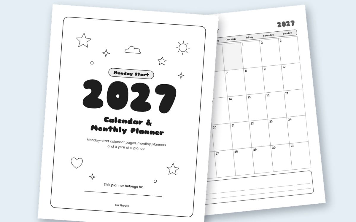 2027 Monday-start printable calendar and monthly planner pages for A4 and Letter with cute star doodles