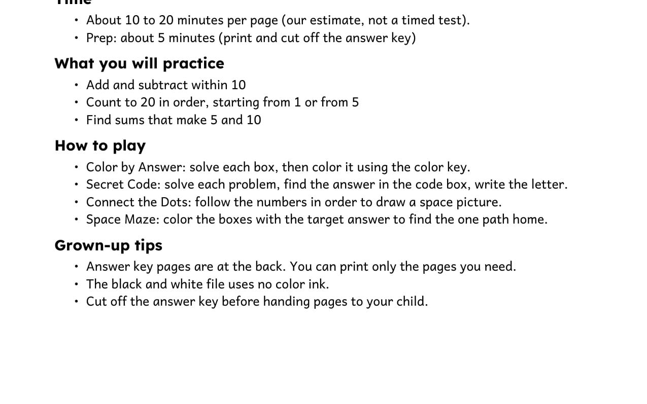 Space-themed math worksheet bundle for kindergarten through grade 2 with counting and number puzzles instructions