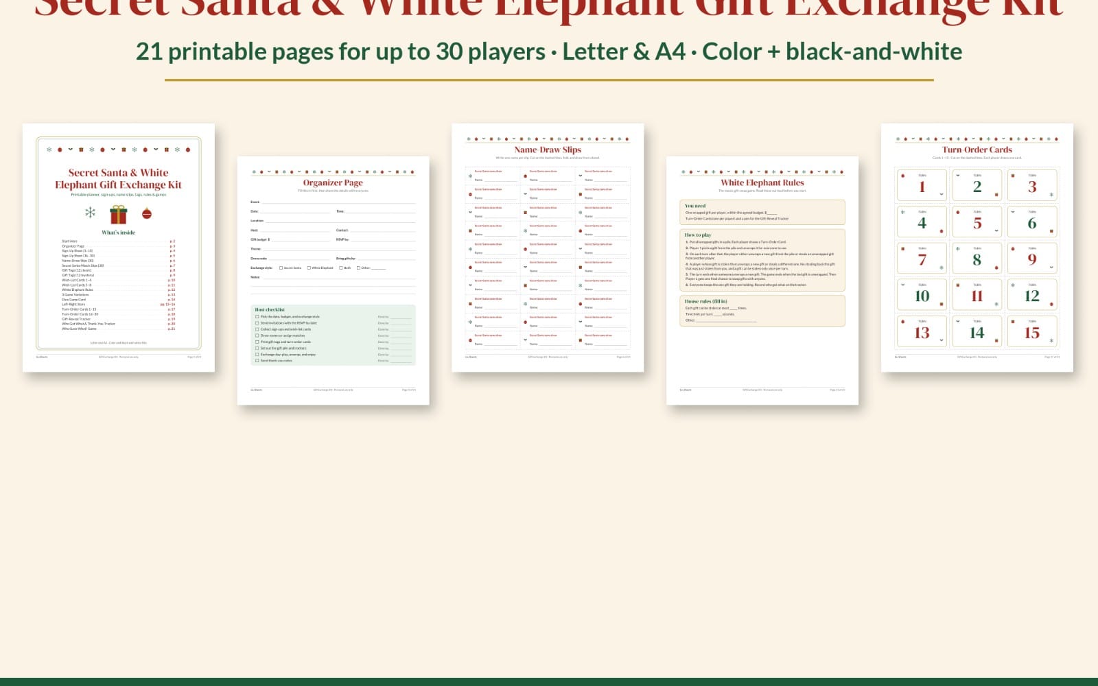 Printable Secret Santa and White Elephant gift exchange PDF kit pages with name slips, rules, and turn order cards