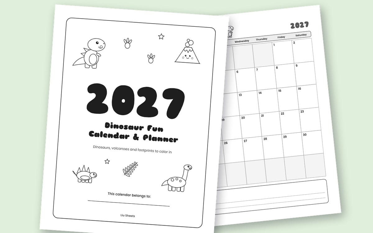 2027 printable kids dinosaur calendar planner page with month grid and dinosaur doodle coloring design on A4 paper