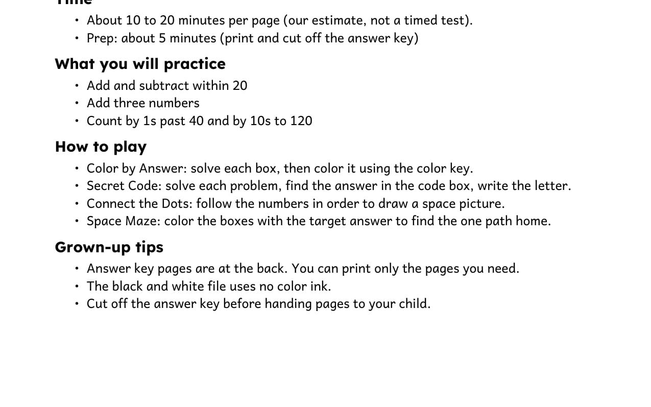 Instruction text for Space Math Fun Grade 1 practice pages with add and subtract activities and tips