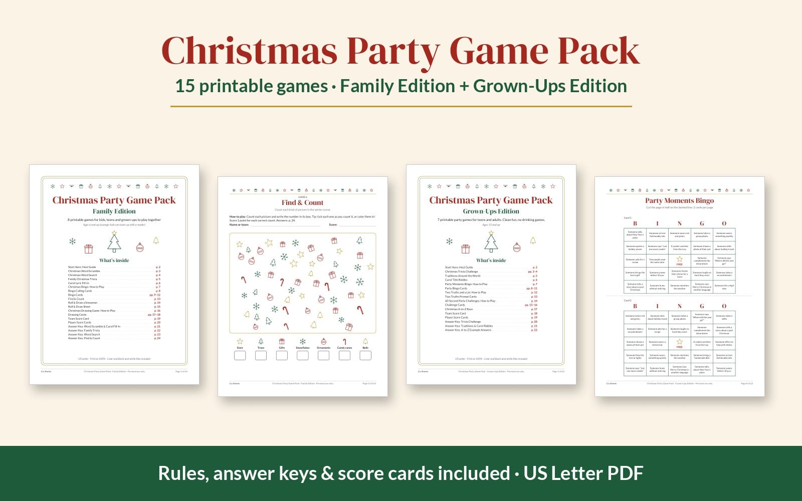 Christmas Party Games Printable Pack – 15 Games for Family & Grown-Ups: Trivia, Bingo, Word Search & Answer Keys