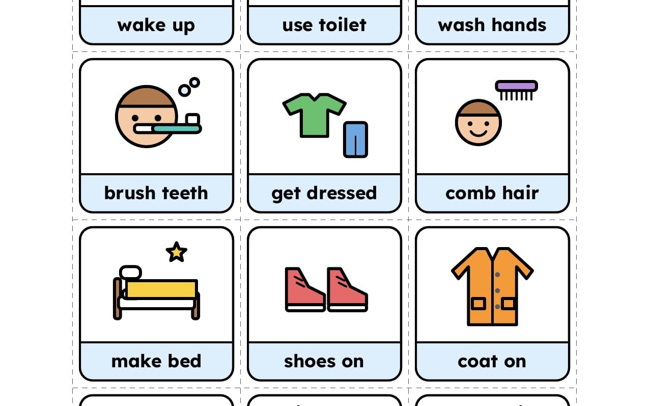 Set of kids daily routine picture cards showing wake up, brush teeth, wash hands, use toilet, get dressed, and more
