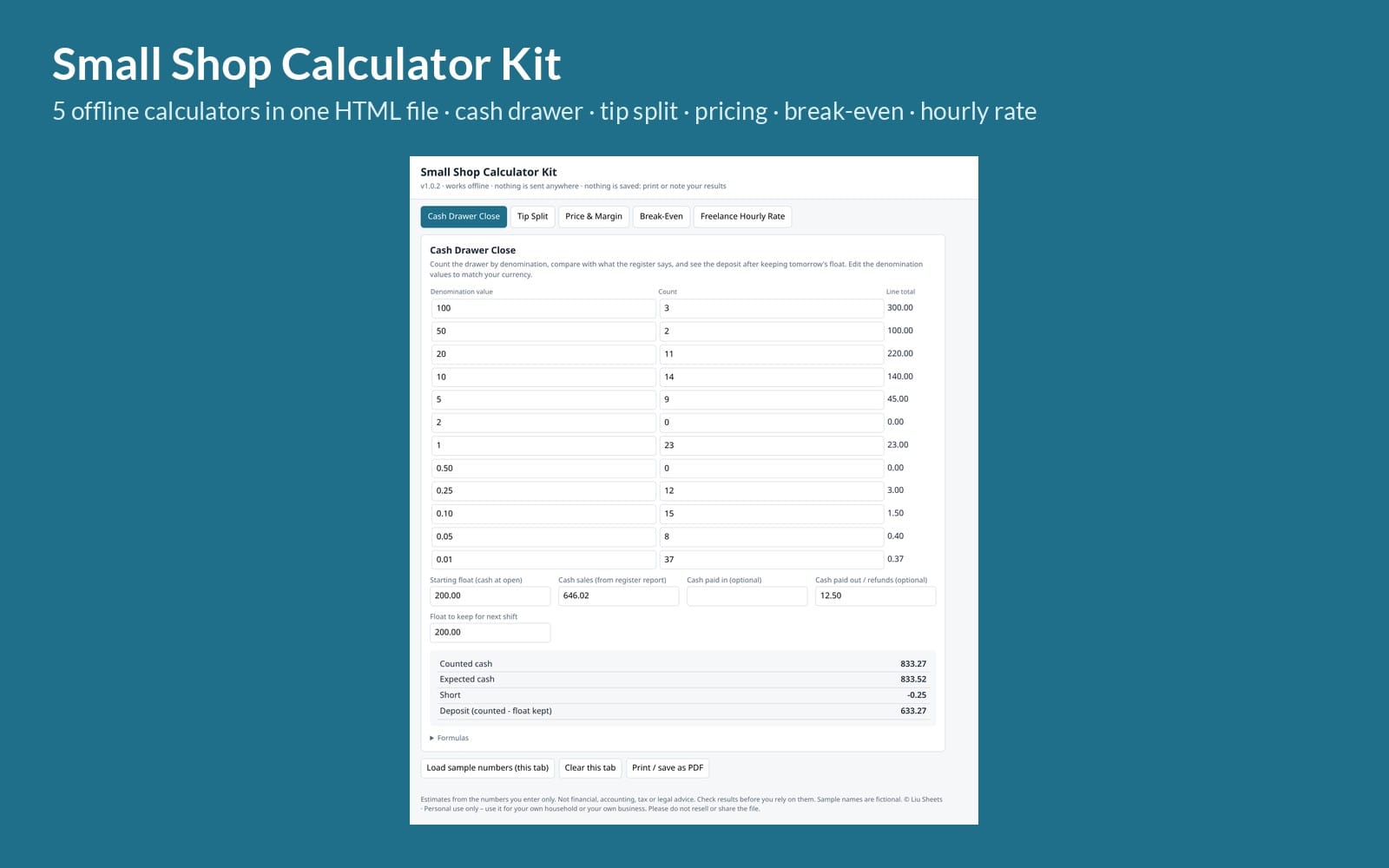 An HTML small shop calculator kit with tabs for cash drawer close, tip split, pricing, break-even, and hourly rate