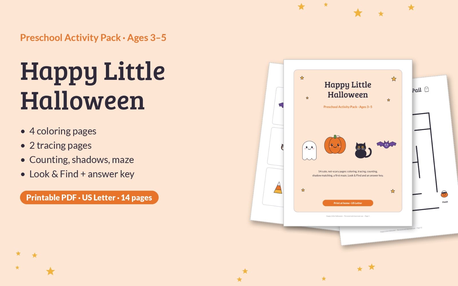 Happy Little Halloween preschool activity pack printable PDF with coloring tracing counting maze and look-and-find pages