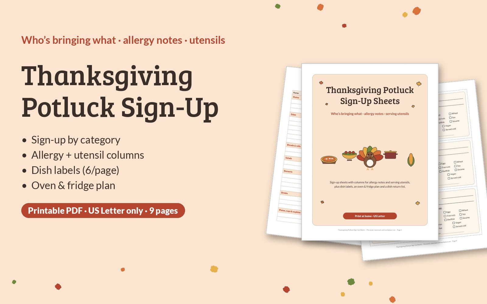 Thanksgiving potluck sign-up sheet printable PDF with allergy notes, dish labels, and oven plan for categories