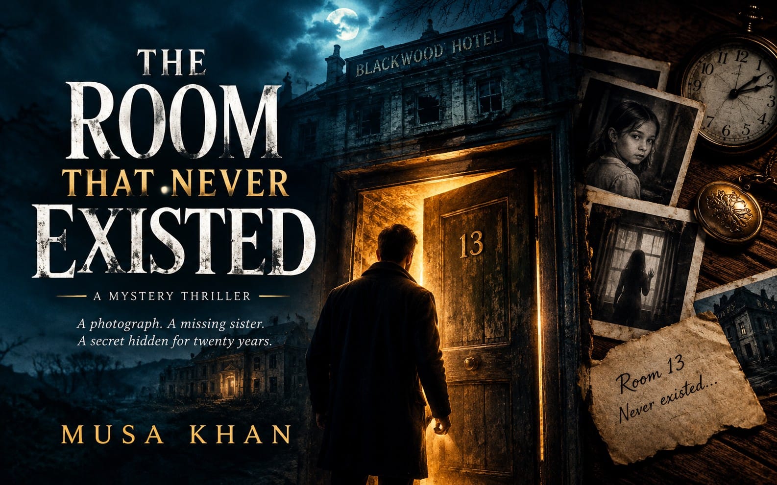 Mystery thriller book cover with haunted hotel at night, a man entering room 13, and clock and photo fragments
